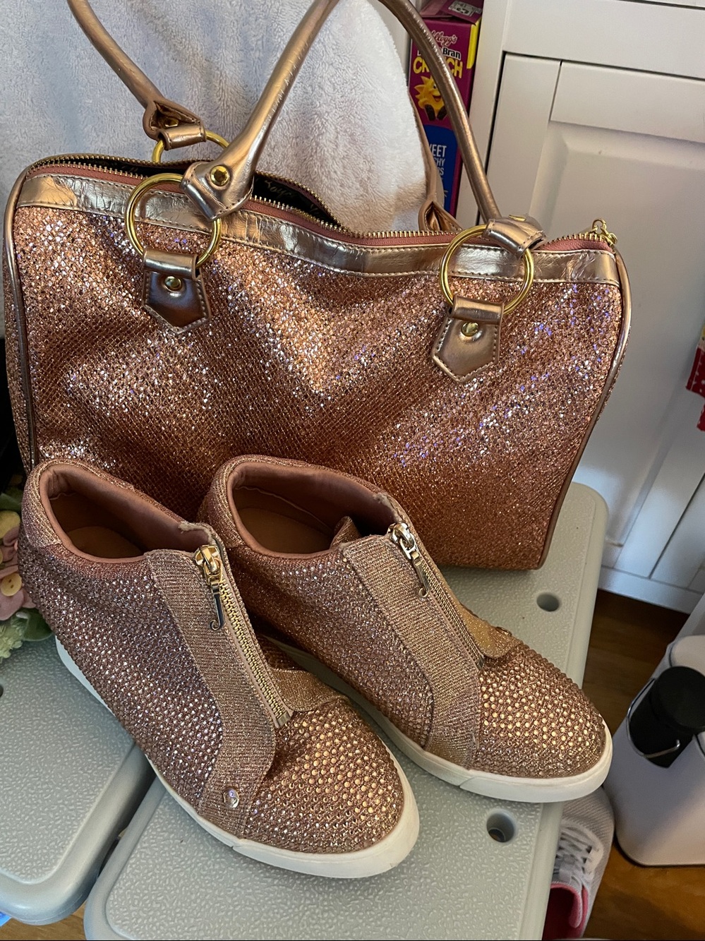 ✨Custom Juicy Rhinestone Wedge Sneakers Size 8 with matching purse